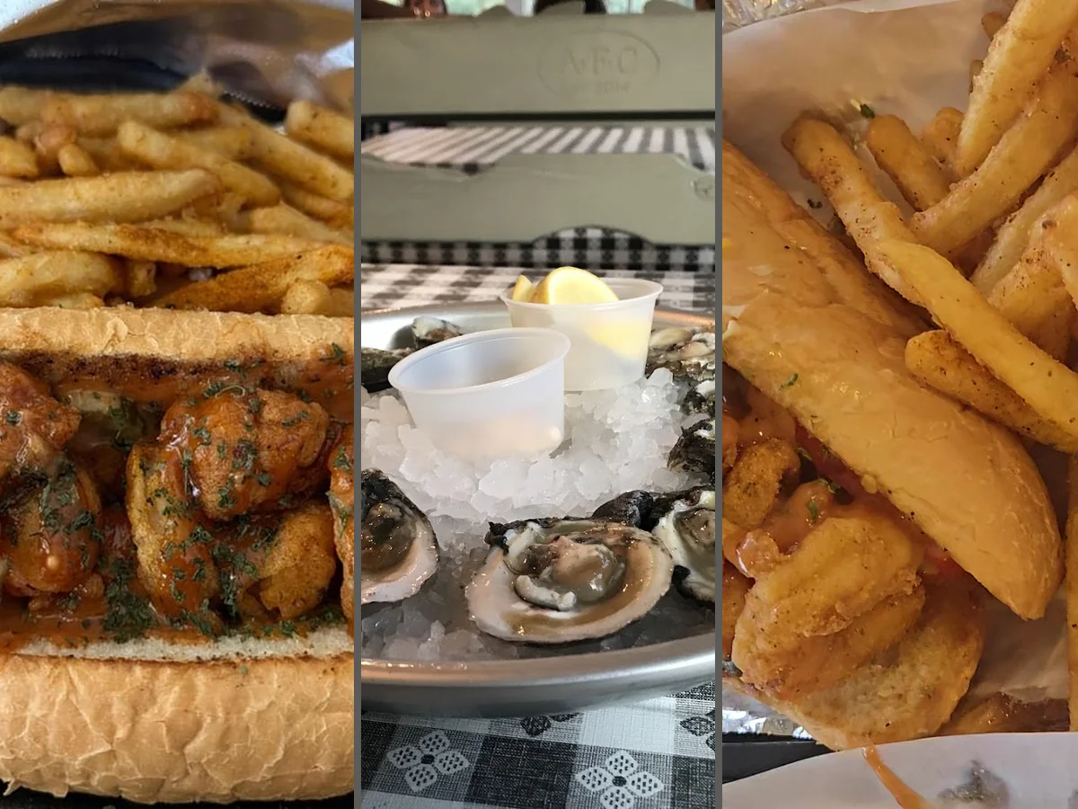 Seafood dishes served in a warm, lively dining room.