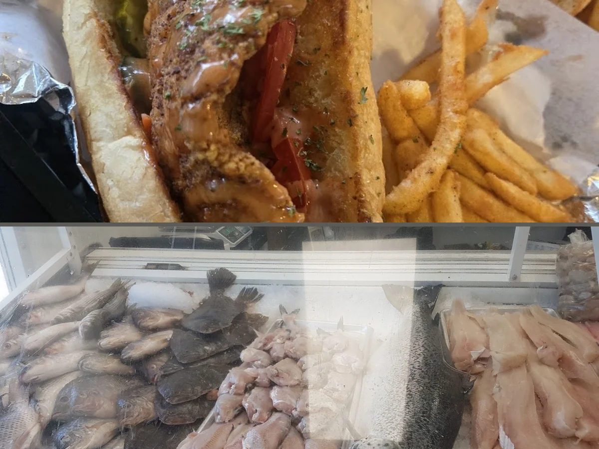 Seafood dishes served in a warm, lively dining room.
