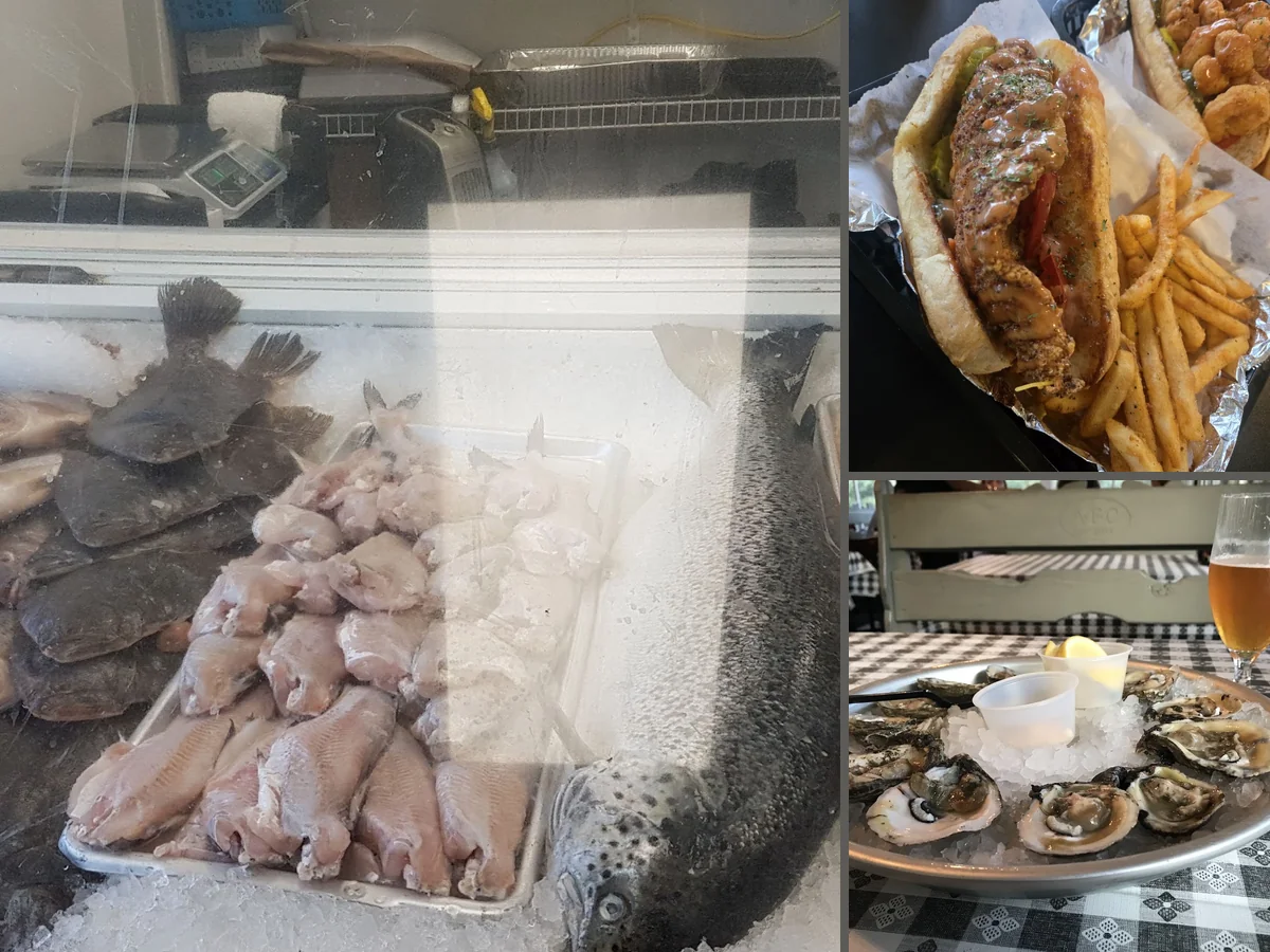 A casual restaurant table with fried seafood and sides.